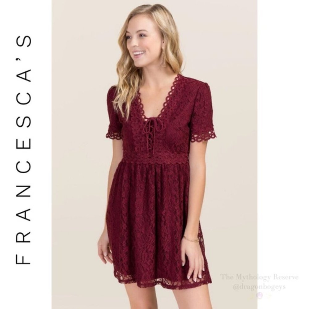 Francescas burgundy lace up lace dress